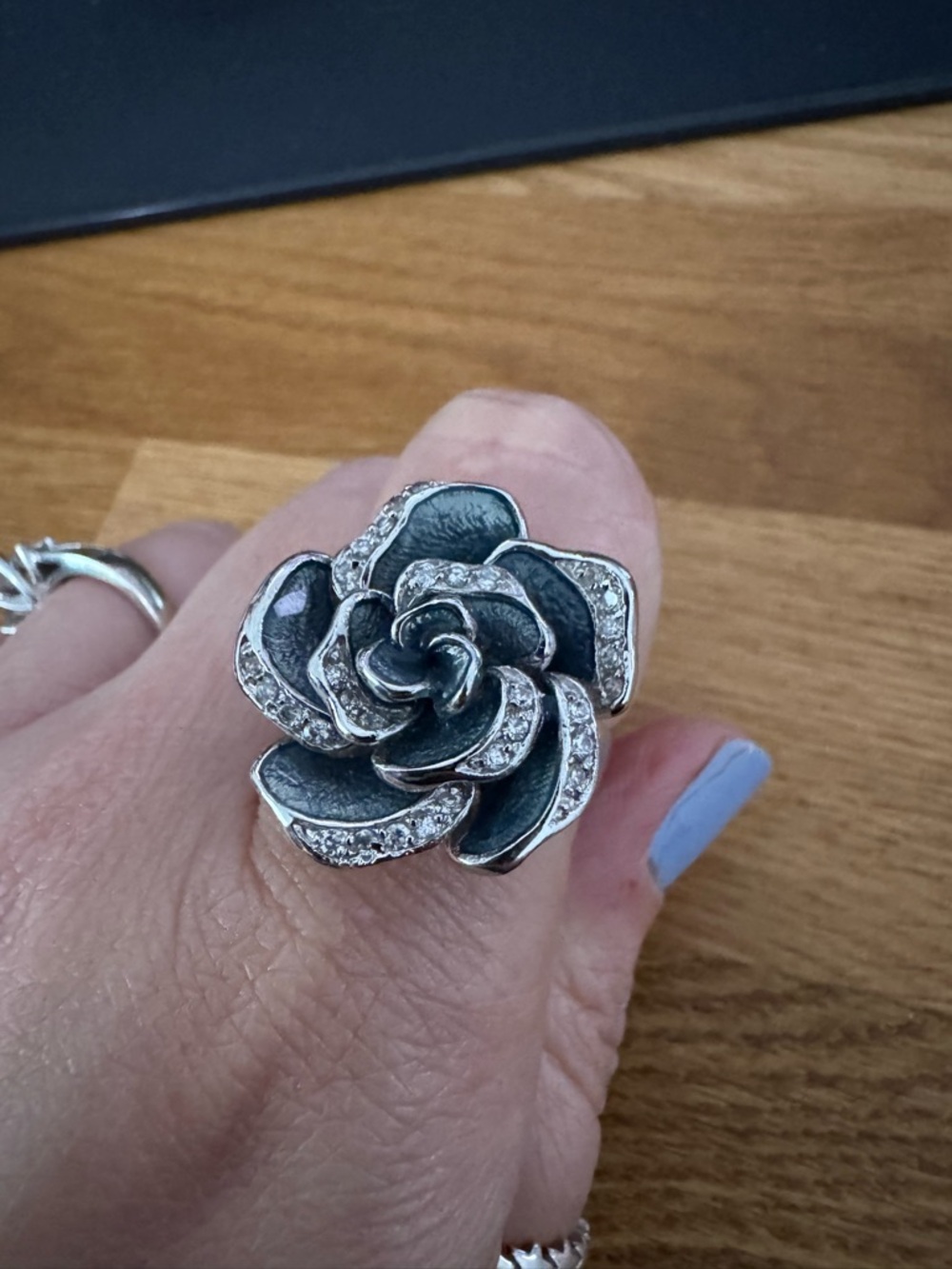 Silver-Tone & Blue Rose Statement Ring with Crystal Accents - Silver Sz: 9.5